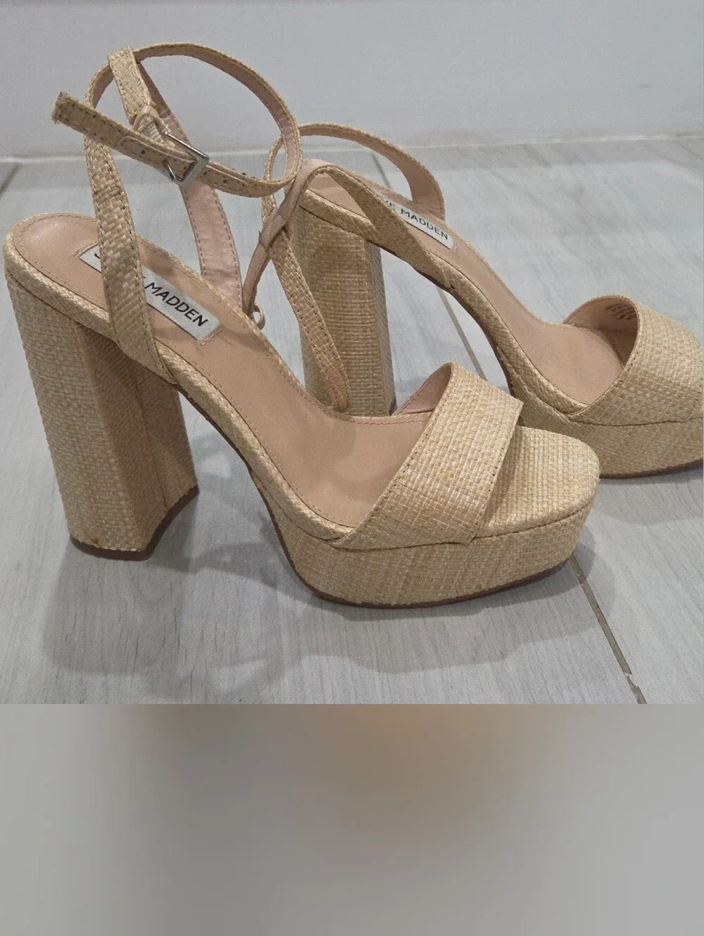 Steve Madden Neutral Woven Platform Sandals with Ankle Strap